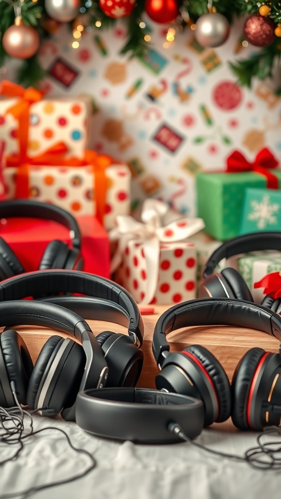 A collection of headphones for Christmas gifts on a holiday-themed background.